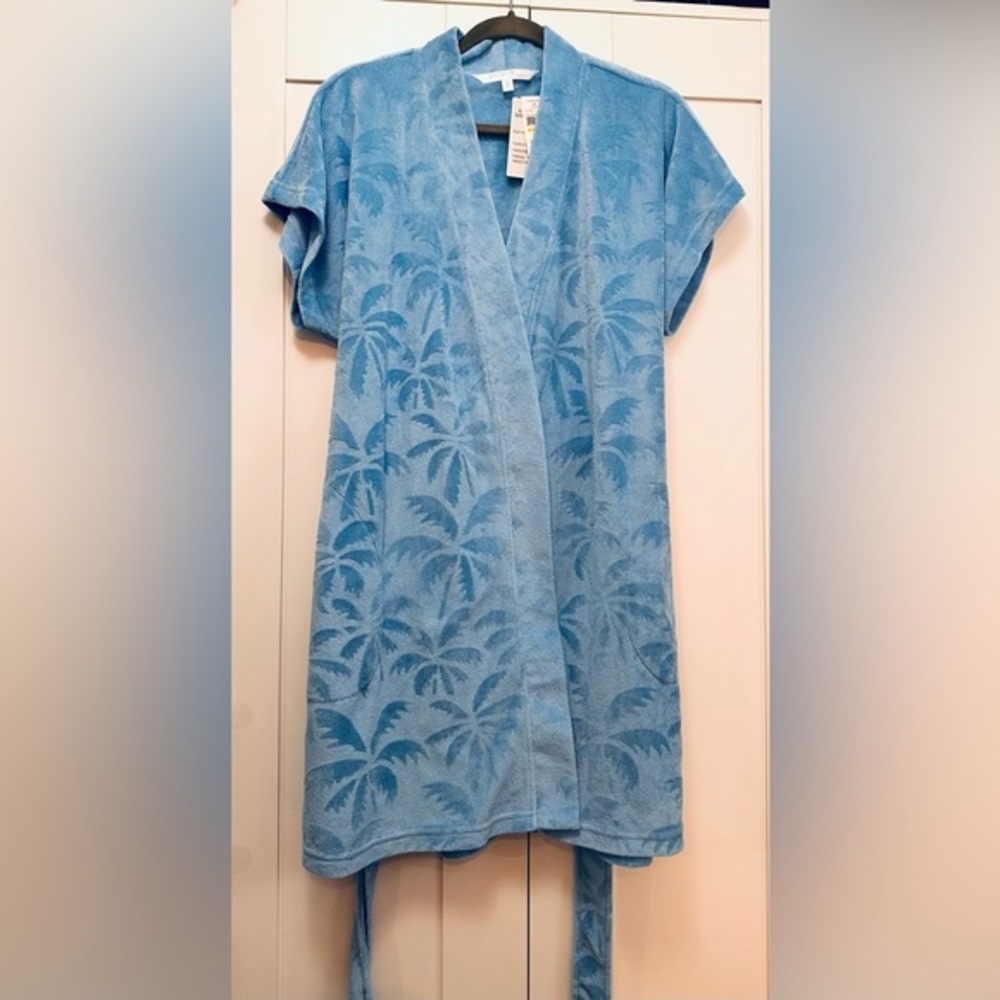 Blue Swim Cover Up Women’s Micro Terry Robe W/ Palm Tree Press Accent Sz M NEW!
